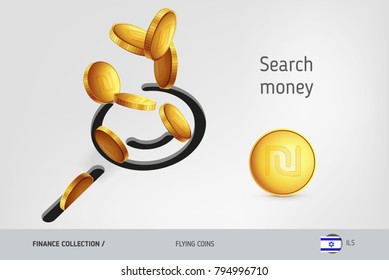 Search icon with flying Israeli New Shekel coins, finance concept. Vector illustration for print, websites, web design, mobile app, infographics.