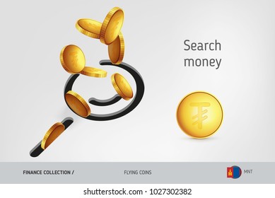 Search icon with flying Mongolian Tughrik coins, finance concept. Vector illustration for print, websites, web design, mobile app, infographics.