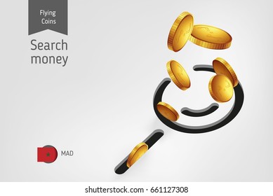 Search icon with flying Moroccan Dirham coins, finance concept.