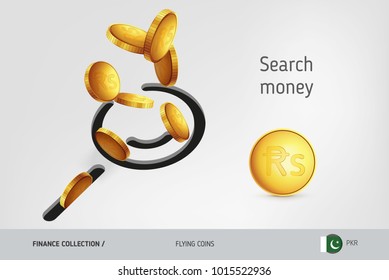 Search icon with flying Pakistani Rupee coins, finance concept. Vector illustration for print, websites, web design, mobile app, infographics.