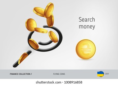 Search icon with flying Ukrainian Hryvnia coins, finance concept. Vector illustration for print, websites, web design, mobile app, infographics.