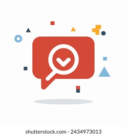 Search icon. Magnifying glass and check mark sign. Colorful square button with flat design. Vector illustration
