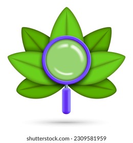 Search icon, magnifying glass and leaves in the form of a creative flower. 3D rendering of magnifying glass for business, web applications and websites, vector illustration