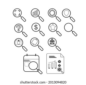 search icon with magnifying glass, line, outline vector sign, linear style pictogram isolated on white. Symbol, logo illustration ilustrasi