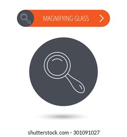 Search icon. Magnifying glass sign. Zoom symbol. Gray flat circle button. Orange button with arrow. Vector