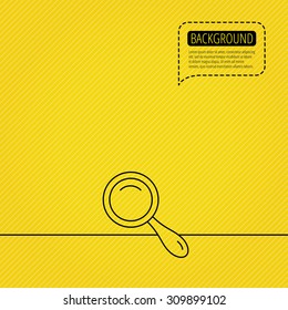 Search icon. Magnifying glass sign. Zoom symbol. Speech bubble of dotted line. Orange background. Vector