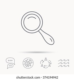 Search icon. Magnifying glass sign. Zoom symbol. Global connect network, ocean wave and chat dialog icons. Teamwork symbol.