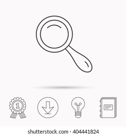 Search icon. Magnifying glass sign. Zoom symbol. Download arrow, lamp, learn book and award medal icons.