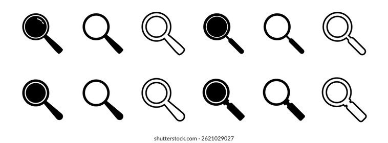 Search icon. Magnifying glass vector sign isolated on white background. Magnifying glass icon. Vector magnifier or loupe sign.