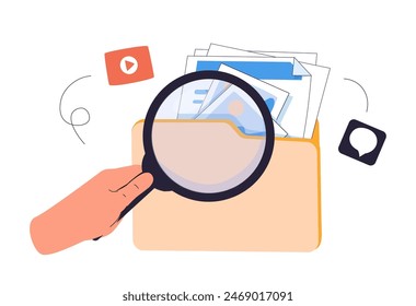 Search icon media file content management. Searching image and video files in database. Document management soft, document flow media, compound docs. Flat magnifying icon vector rendering illustration