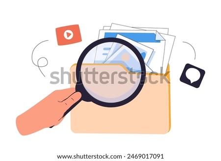 Search icon media file content management. Searching image and video files in database. Document management soft, document flow media, compound docs. Flat magnifying icon vector rendering illustration