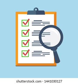 Search Icon on a report board, Audit review, Check List Icon. Vector flat design