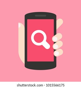 Search icon on smartphone screen. Hand holding smartphone, finger touching screen. Answer the call. Modern concept for web banners, web sites, infographics. Flat design vector illustration.