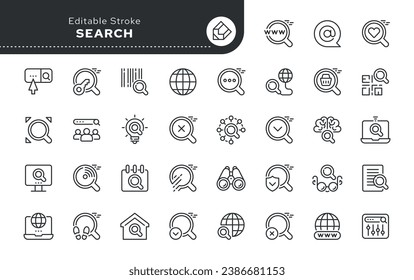Search icon in outline linear style. Search magnifying glass, web and internet search on the network. Vector set of conceptual web icons for applications, websites and graphic resources. Pictogram