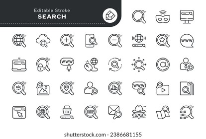 Search icon in outline linear style. Search magnifying glass, web and internet search on the network. Vector set of conceptual web icons for applications, websites and graphic resources. Pictogram 