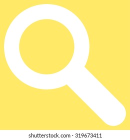 Search icon from Primitive Set. This isolated flat symbol is drawn with white color on a yellow background, angles are rounded.