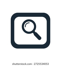 Ícone de pesquisa que representa a descoberta de informações e a exploração detalhada de design de silhueta escura mínima em um contorno de borda quadrada arredondada