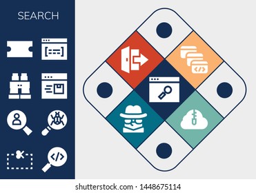 search icon set. 13 filled search icons.  Collection Of - Browser, Coupon, Search, Loupe, Binoculars, Browser window, Logout, Detective, Zip cloud
