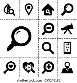 Search icon. set of 13 filled searchicons such as drop under magnifier, location pin, location, heartbeat search, zoom in, zoom out, telescope