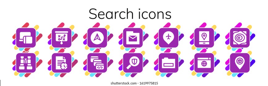 search icon set. 14 filled search icons. Included Responsive, Binoculars, Strategy, File, Navigation, Browser window, Folder, Search, Pin, Gps, Browser, Maps icons