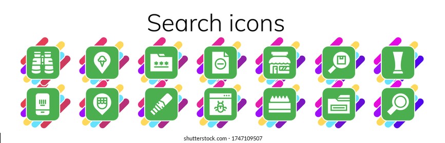 search icon set. 14 filled search icons.  Simple modern icons such as: Binoculars, Barcode, Pin, Location, Folder, Metal detector, File, Browser, Store, Search, Glass
