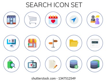search icon set. 15 flat search icons.  Collection Of - store, recruitment, online store, valentines day, signpost, navigation, folder, interview, browser, inspection, gps, file