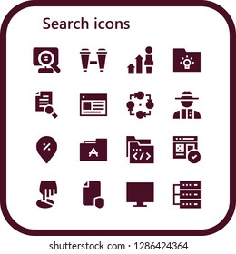  search icon set. 16 filled search icons. Simple modern icons about  - Search, Binoculars, Development, Folder, Research, Web, Strategy, Detective, Pin, Font, Position, File, Online shop