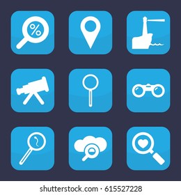 Search icon. set of 9 filled search icons such as magnifier, lighthouse, binoculars, telescope