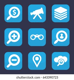Search icon. set of 9 filled search icons such as location, zoom in, zoom out, binoculars, telescope