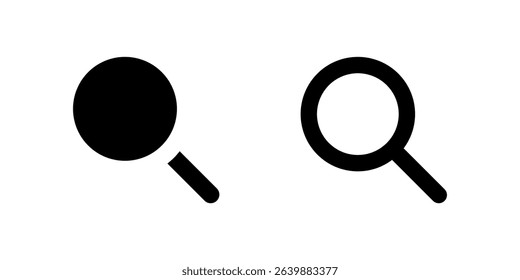 Search Icon Set. A black glyph and outline icon of a magnifying glass, indicating search functionality.