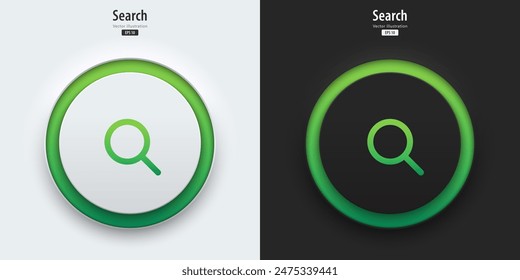 Search icon. A set of black and white buttons have green neon lights with search symbols. 3D icon in trendy neumorphic style for apps, websites, interfaces. UI UX elements. Vector illustration.