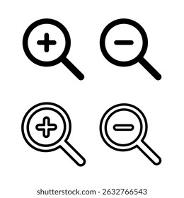 Search icon set, Search icon button, Magnifying glass symbol, Zoom in and Zoom out symbol. Vector illustration design.