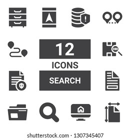search icon set. Collection of 12 filled search icons included File, Ecommerce, Magnifying glass, Archive, Barcode, Gps, Location, Track, Cabinet, Database