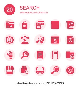 search icon set. Collection of 20 filled search icons included Folder, Shop, Browsers, File, Visibility, Lighthouse, Detective, Browser, Technology, Real estate, Text lines, Metal detector