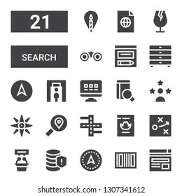search icon set. Collection of 21 filled search icons included Browser, Barcode, Navigation, Database, Interview, Strategy, Wanted, Street, Search, Influencer, Web, Metal detector