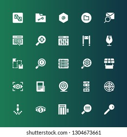 search icon set. Collection of 25 filled search icons included Pin, Barcode, Elevator, Vision, Pixel, Radar, Landing page, Text lines, Store, Search engine optimization, Database