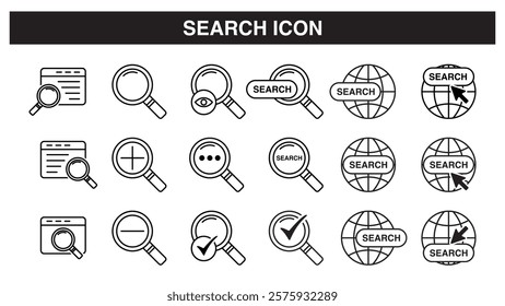 Search Icon Set and Collection: Zoom In and Out, Document Finder, Magnifying Glass, SEO Web Browsing, Planet Search, Data Analysis, Investigate, find and more. Vector Icons.