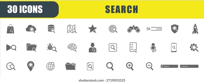 Conjunto de iconos de Búsqueda. Contiene binoculares, barra de búsqueda, lupa, acercar, alejar, buscar errores e iconos de análisis. Colección de iconos sólidos. Ilustración vectorial.