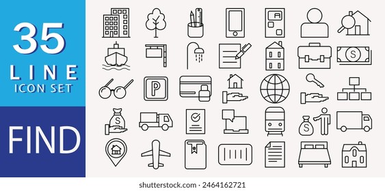 Suchen-Symbolsatz. Enthält Lupe, finden, recherchieren und untersuchen Ikonen. Kollektion des durchgehenden Symbols. Vektorillustration.