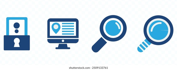 Search icon set. Containing magnifying glass, find, research, SEO and investigate icons. Solid icon collection. Vector illustration