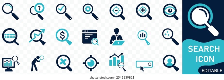 Search icon set.  Containing magnifying glass, find, research Solid flat vector icons collection