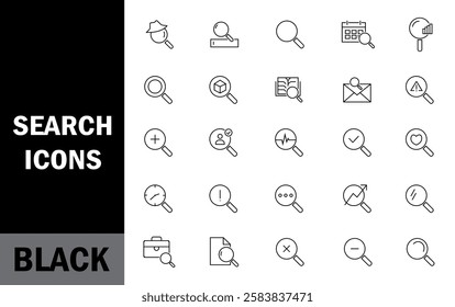 Search icon set. Containing magnifying glass, find, research. black line icons.
