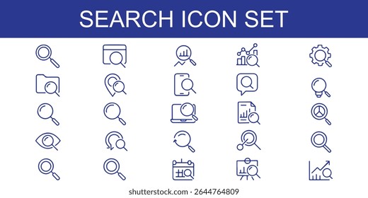 Search icon set. Containing magnifying glass, find, research, SEO and investigate icons. Solid icon collection. Vector illustration.