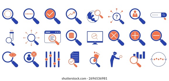 Conjunto de iconos de Búsqueda. Contiene lupa, encontrar, investigar, SEO e investigar iconos. Colección de iconos sólidos. Ilustración vectorial.
