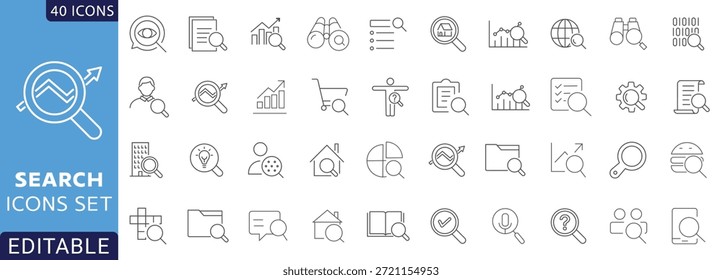 Conjunto de iconos de Búsqueda. Contiene lupa, encontrar, investigar, SEO, investigar y más. Totalmente Editable. Ilustración vectorial.
