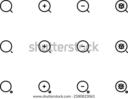 Search icon set. Containing magnifying glass, find, research, SEO and investigate icons. Solid icon collection. Vector illustration set. Zoom symbol.