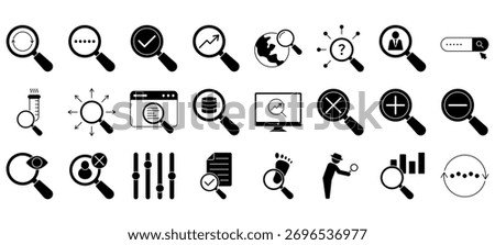 Search icon set. Containing magnifying glass, find, research, SEO and investigate icons. Solid icon collection. Vector illustration.

