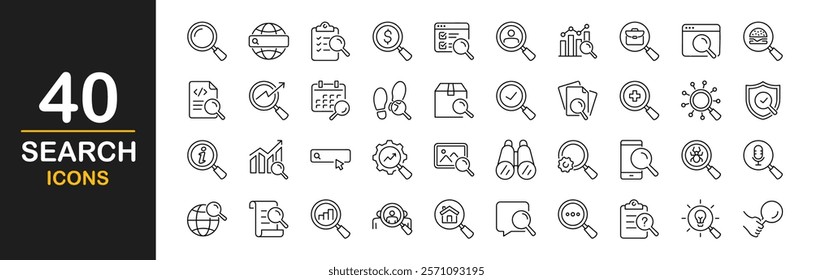 Search icon set. Contains such Icons as zoom, find document, web search engine, analytics, magnify glass symbol, look tool, binoculars, investigate and more. Vector illustration