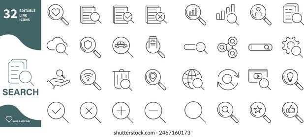 Search icon set. Editable thin line stroke icon