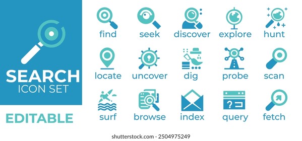 Search Icon Set: Editable vector icons for find, seek, discover, explore, locate, uncover, dig, probe, scan, surf, browse, index, query, and fetch concepts. Perfect for web, app, and UI design.searchi